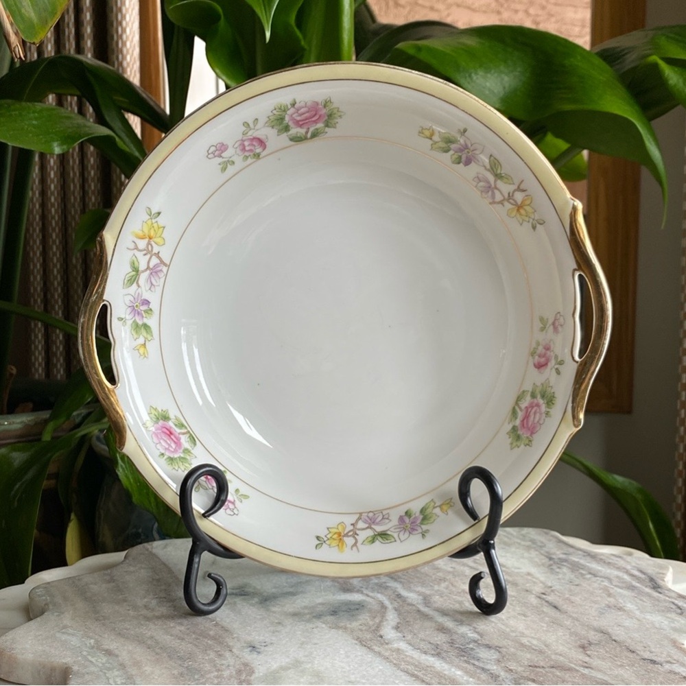 Antique Nippon Hand Painted Porcelain Floral + Gilded Gold Handled Serving Bowl